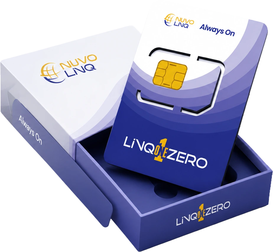 LinQ1Zero global eUICC SIM card in retail packaging with NuvoLinQ Always On branding