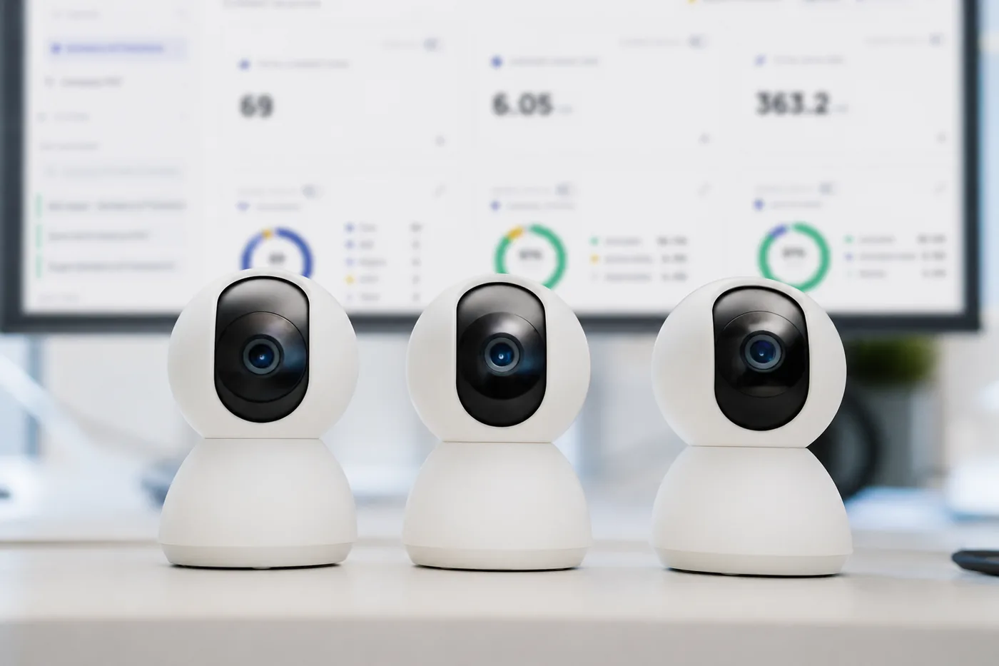 Three connected security cameras on a desk in front of a live monitoring dashboard
