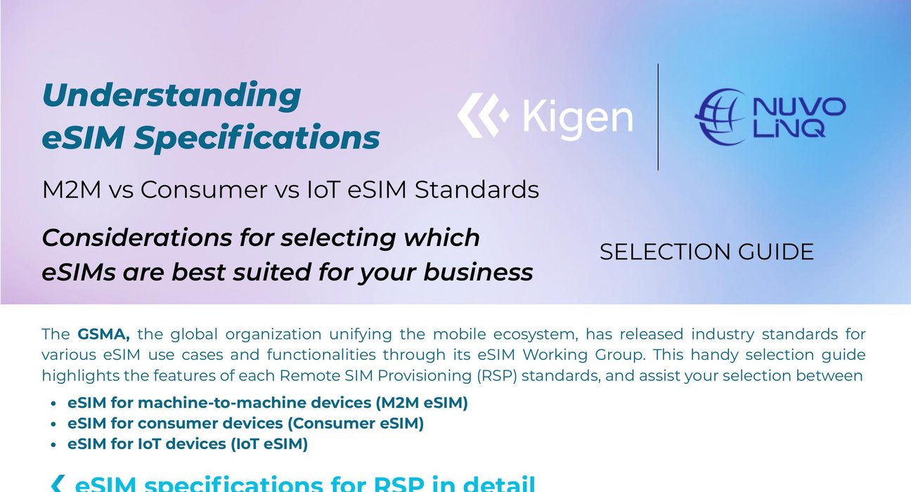 Kigen and NuvoLinQ joint selection guide comparing M2M, Consumer, and IoT eSIM standards