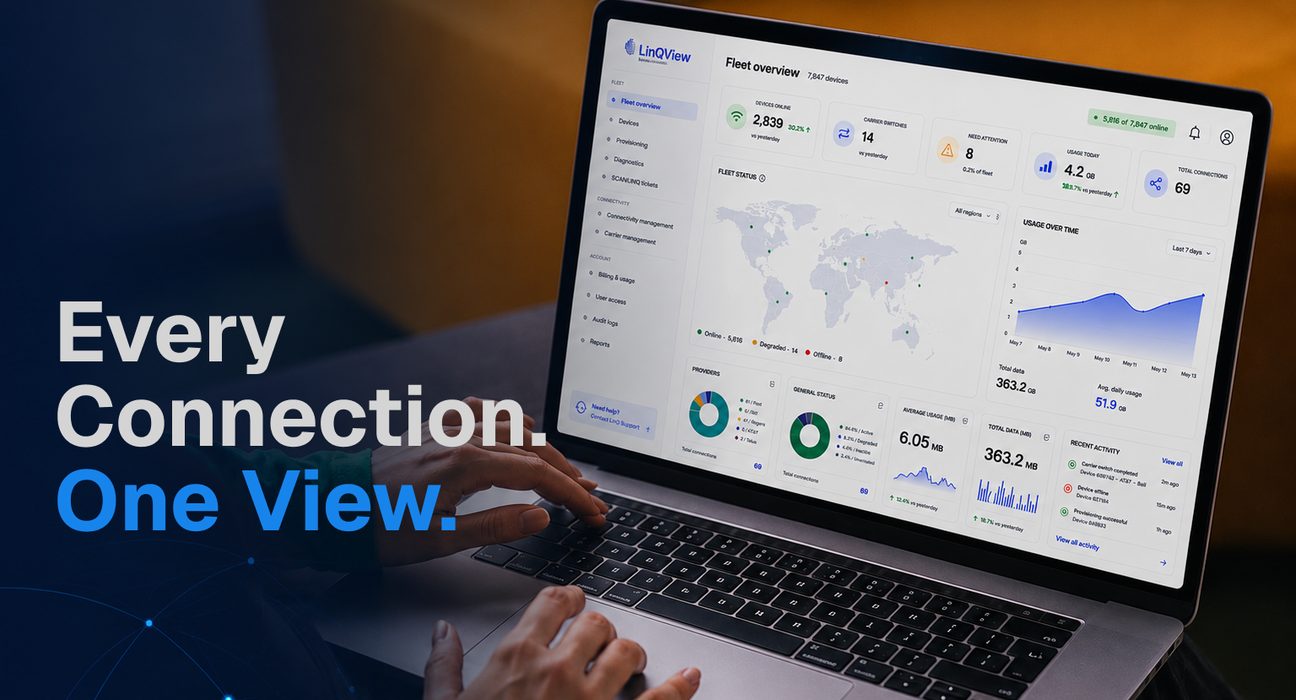 LinQView dashboard showing real-time fleet connectivity management on a laptop