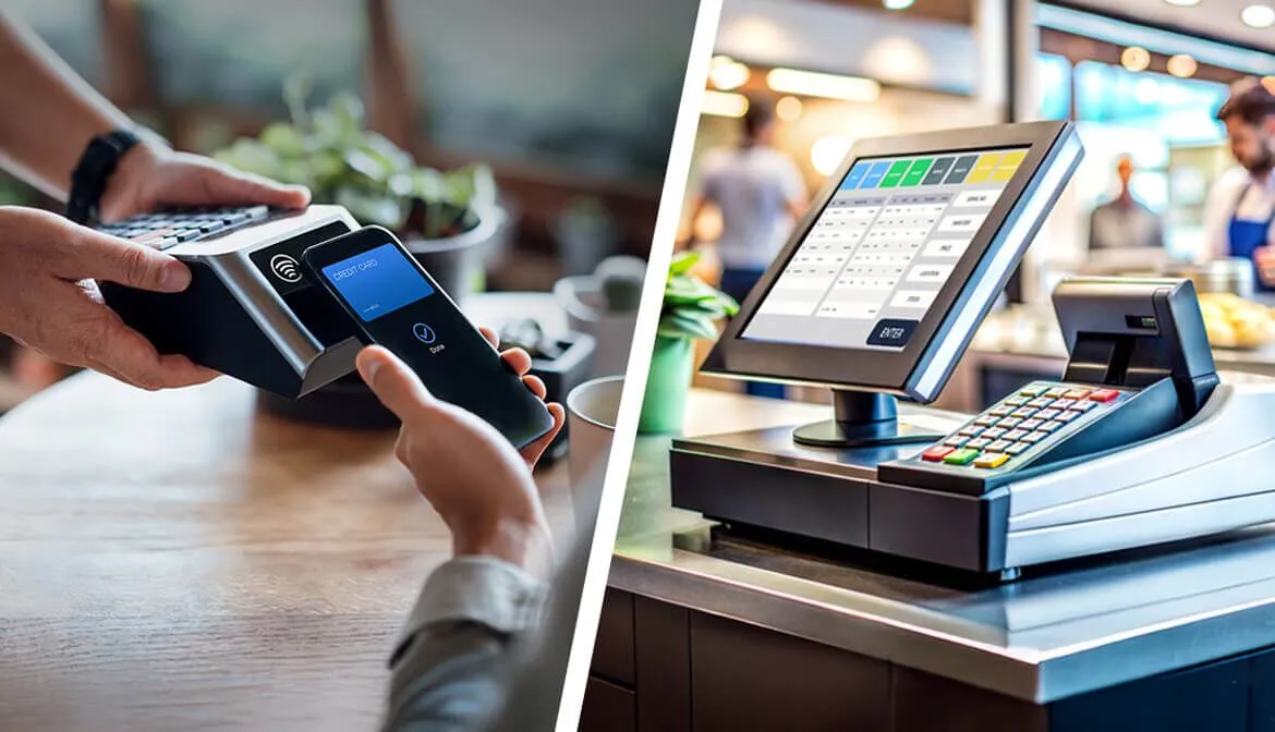 Retail counter with POS terminals mid-transaction
