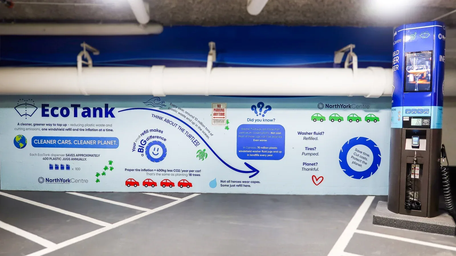 EcoTank windshield washer fluid and tire inflation dispenser branding in a parking garage