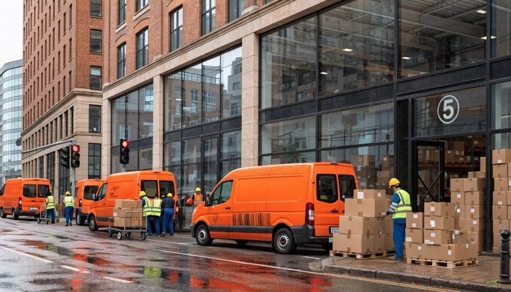 Orange last-mile delivery vans loading parcels outside a distribution depot