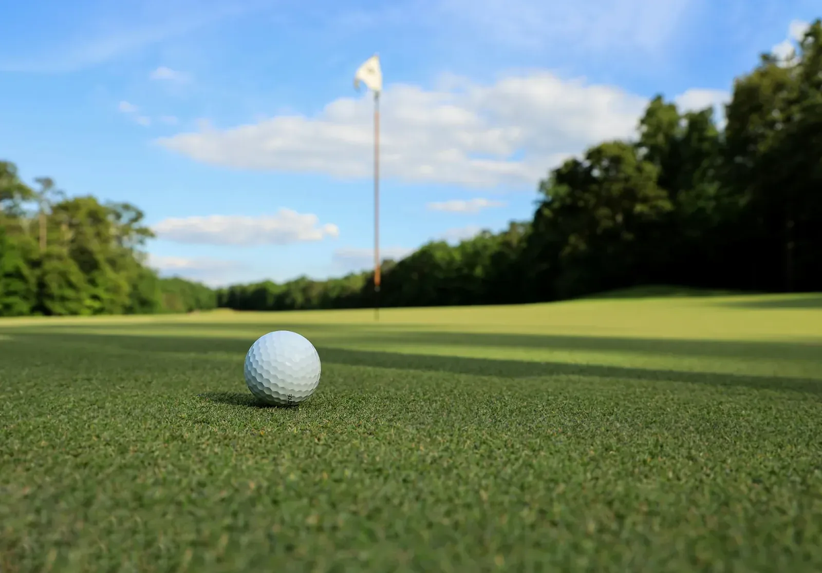 Golf course putting green with a flag and golf ball