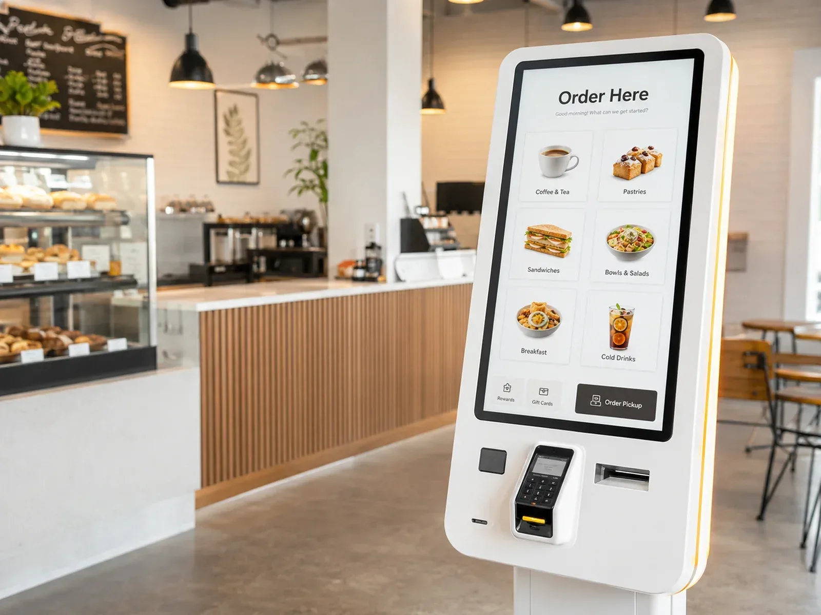 Self-serve ordering kiosk in a cafe with a touchscreen menu