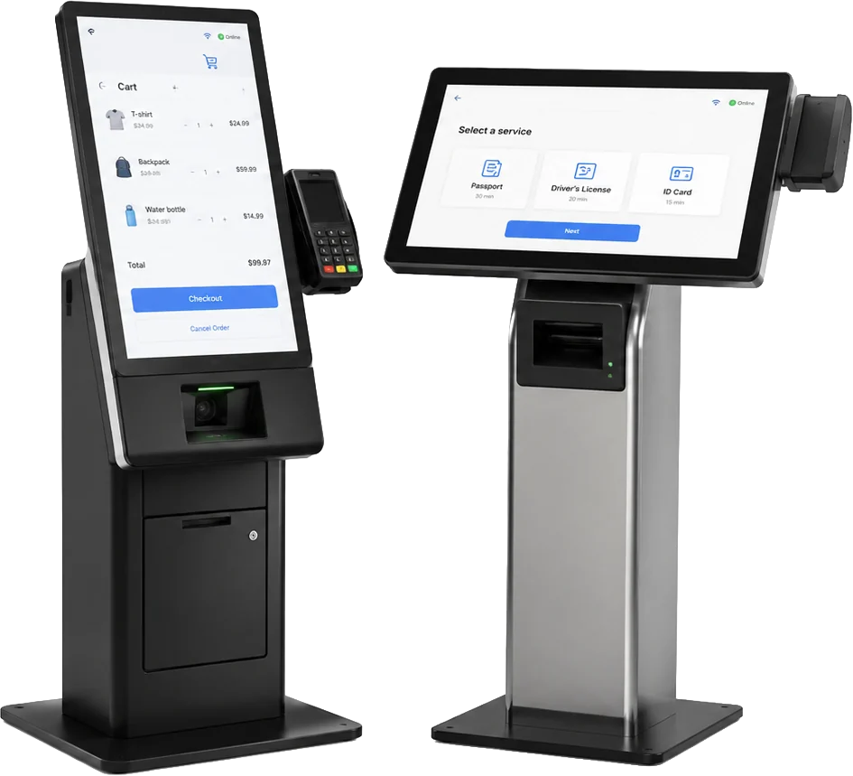 Two NuvoLinQ-connected self-service kiosks side by side: a retail self-checkout terminal with an attached card reader and barcode scanner, and a multi-service kiosk for passport, driver's license, and ID document processing.