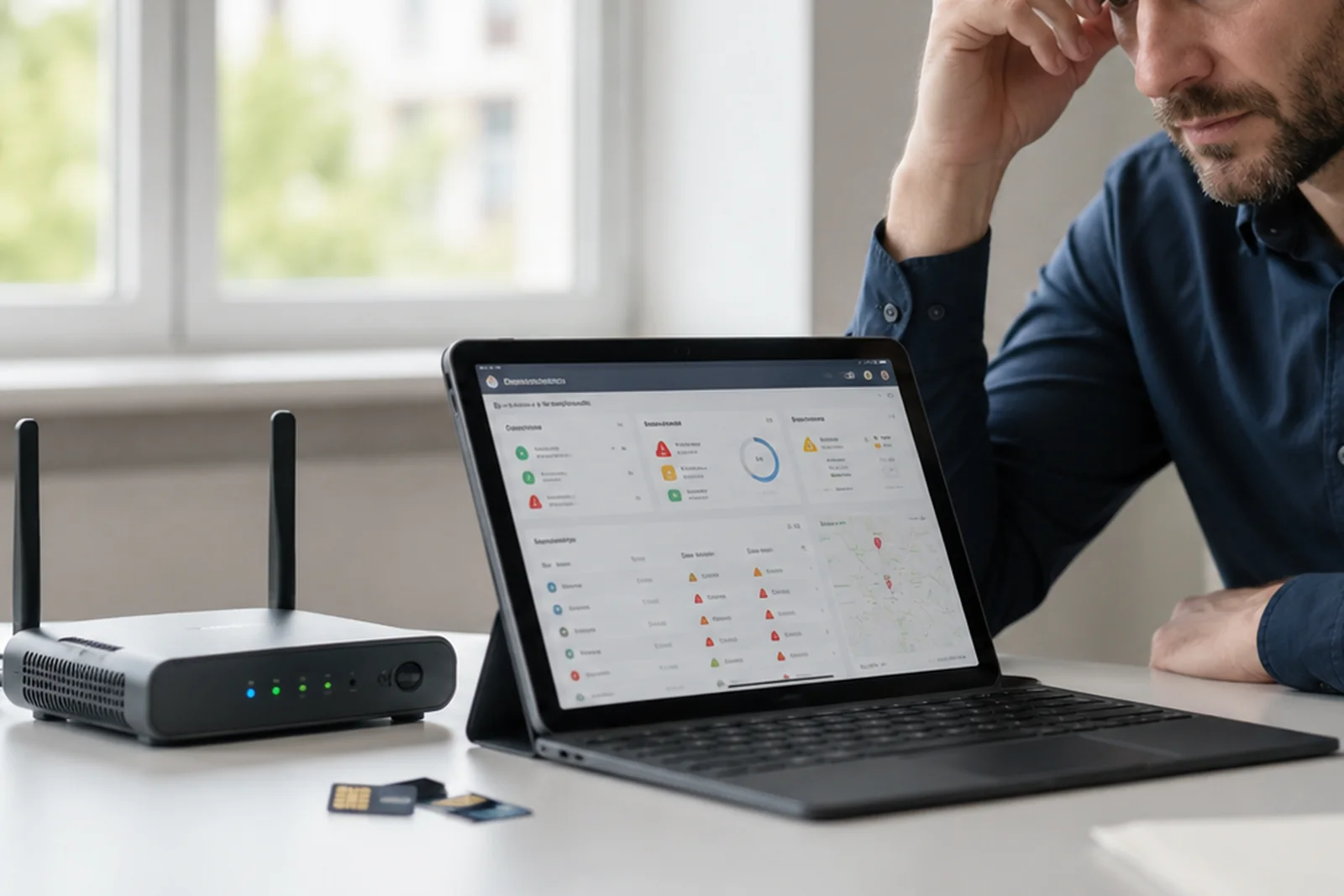 IT professional reviewing a connectivity dashboard next to a multi-carrier router and SIM cards