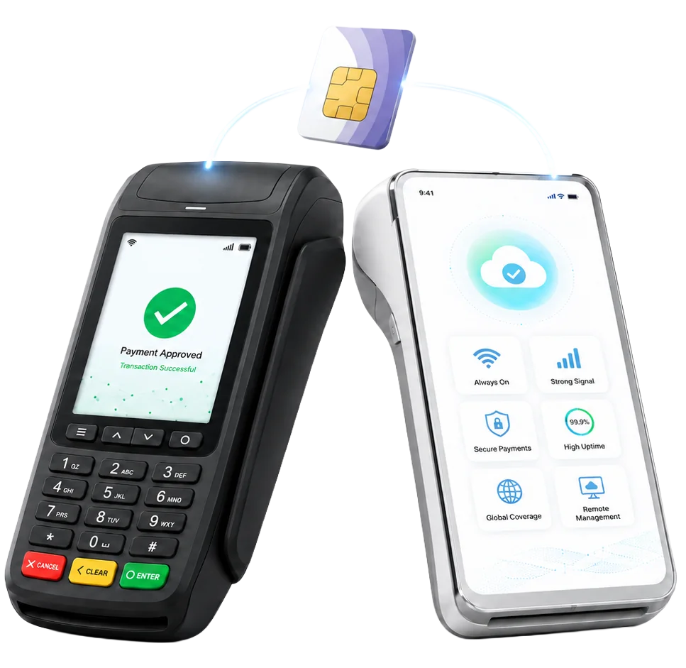 A payment terminal showing an approved transaction beside a smart POS device, with an eSIM connecting both to always-on connectivity, strong signal, secure payments, high uptime, global coverage, and remote management.