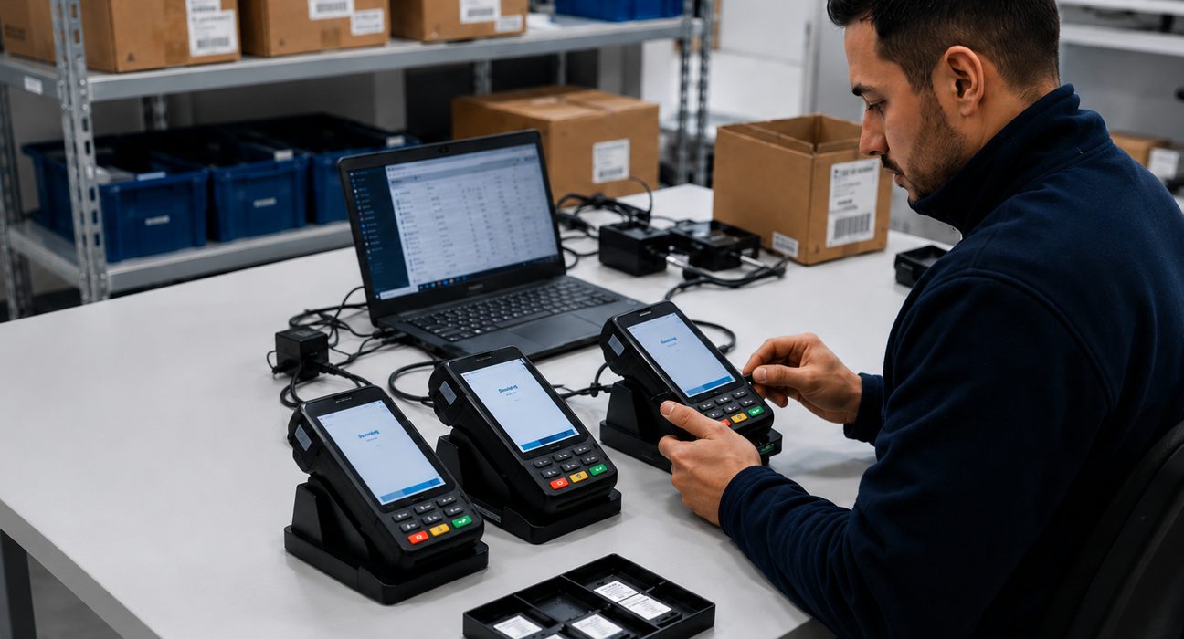 NuvoLinQ technician provisioning point-of-sale payment terminals in a warehouse