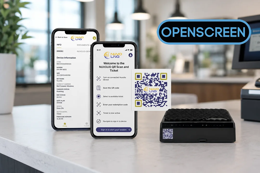 The NuvoLinQ ScanLinQ app on two phones beside a QR sticker and a connected device, powered by Openscreen
