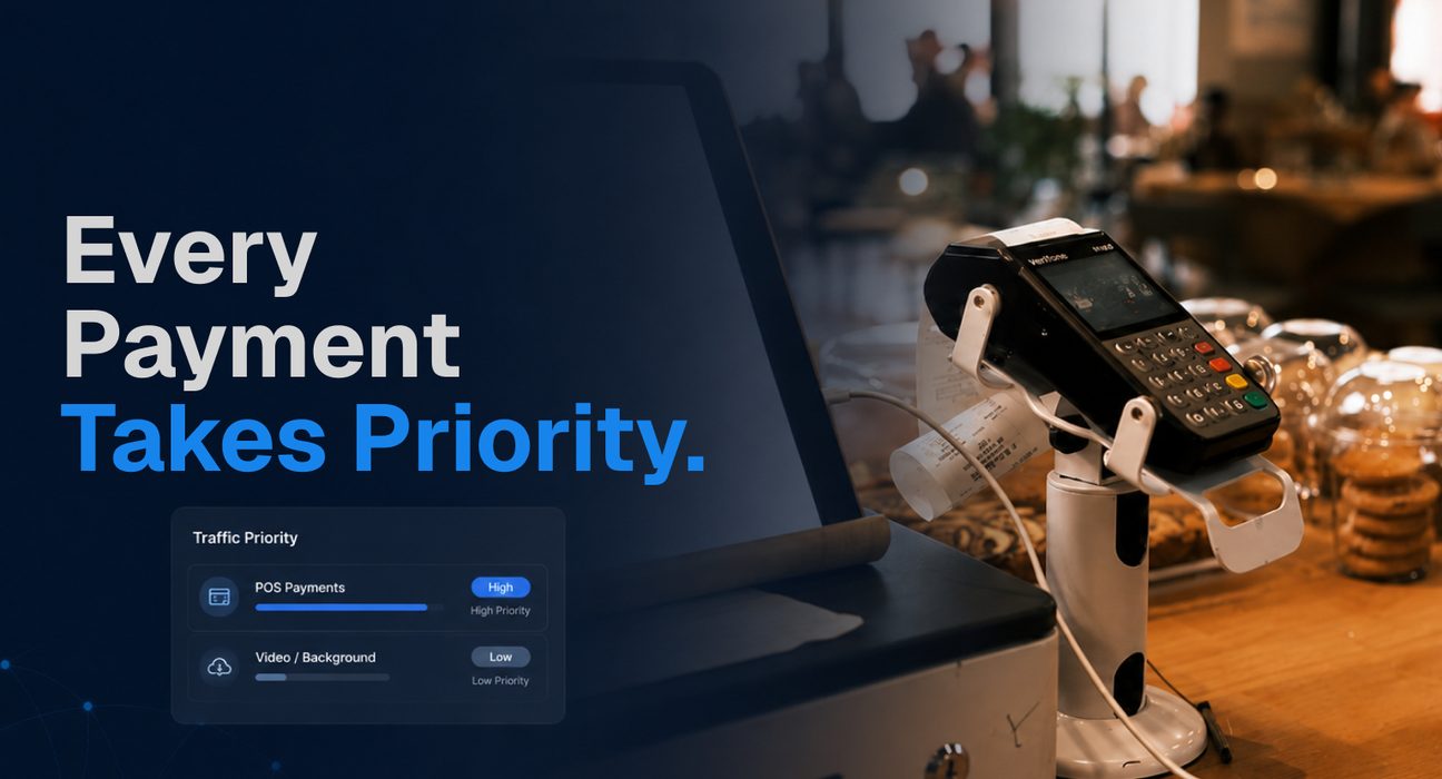 Point-of-sale payment terminal at a café counter representing prioritized POS connectivity