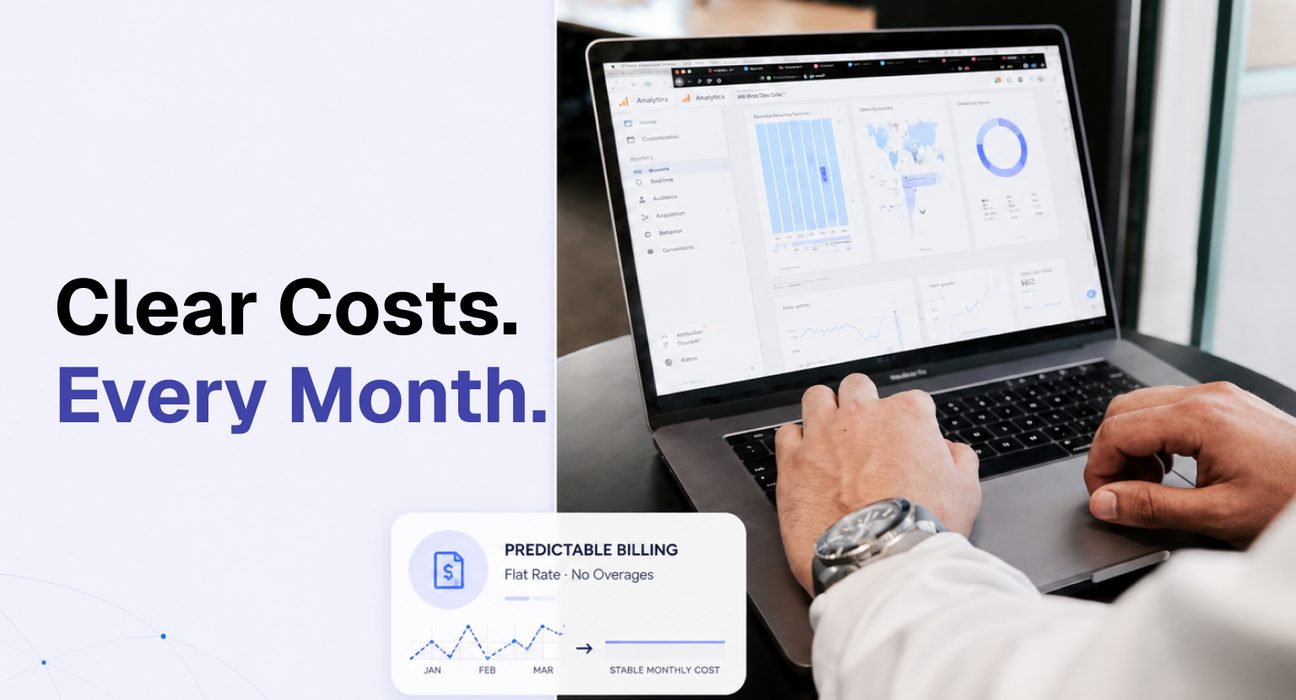 Predictable billing dashboard showing flat-rate monthly costs versus variable invoices